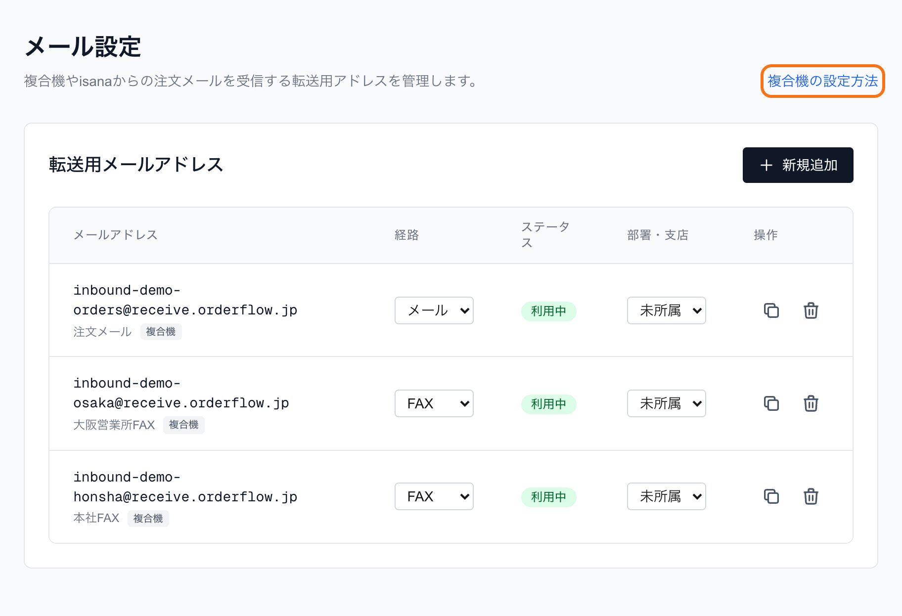 OrderFlowのメール設定画面。転送用メールアドレスの一覧の上、画面右上に「複合機の設定方法」がある